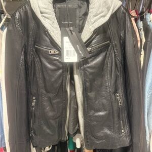 NWT Mauritius Black Leather Jacket with Gray Hoodie Zip Out. Size XS